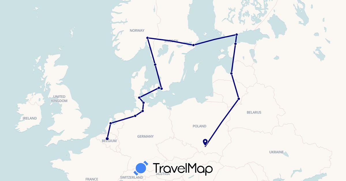 TravelMap itinerary: driving in Belgium, Germany, Denmark, Estonia, Finland, Lithuania, Latvia, Netherlands, Norway, Poland, Sweden (Europe)